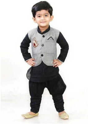 HRR Boys Festive & Party Kurta, Waistcoat and Pyjama Set(Grey Pack of 1)