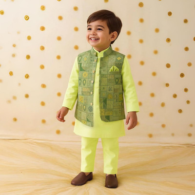 Kidbea Boys Festive & Party Kurta and Pyjama Set(Green Pack of 1)