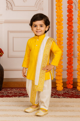 LaskarGarments Baby Boys Festive & Party Kurta, Dhoti Pant & Dupatta Set(Yellow Pack of 1)