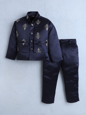 Fourfolds Boys Festive & Party, Wedding Blazer and Pant Set(Blue Pack of 1)