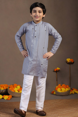 Tasrika Boys Festive & Party Kurta and Pyjama Set(Grey Pack of 1)