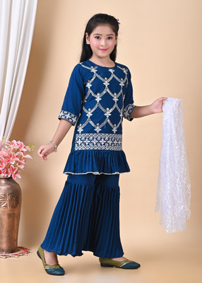JDRESSES Girls Festive & Party Kurta, Pyjama & Dupatta Set(Dark Blue Pack of 1)