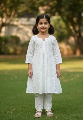 ChikanKari By Kraft Baby Girls Festive & Party Kurta and Pyjama Set(White Pack of 1)