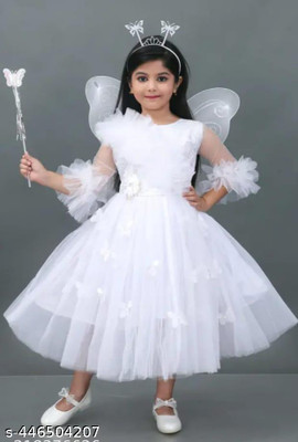 Ruby Indi Girls Below Knee Festive/Wedding Dress(White, Sleeveless)