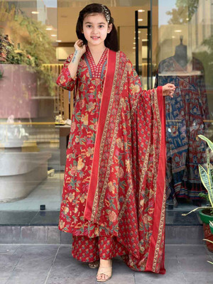 SATVASHIV Girls Festive & Party Kurta, Pyjama & Dupatta Set(Red Pack of 1)