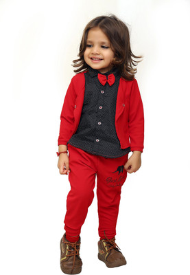 KHODIYAR FASHION Baby Boys & Baby Girls Casual Blazer, Shirt and Trouser Set(Red Pack of 1)