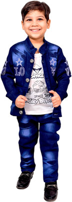 TAPODHANI Boys Festive & Party Shirt, Waistcoat and Pant Set(Blue Pack of 1)