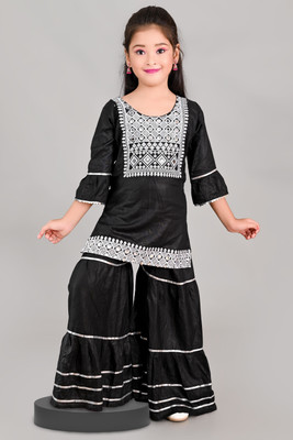 Zenat Girls Festive & Party Angarkha and Sharara Set(Black Pack of 1)