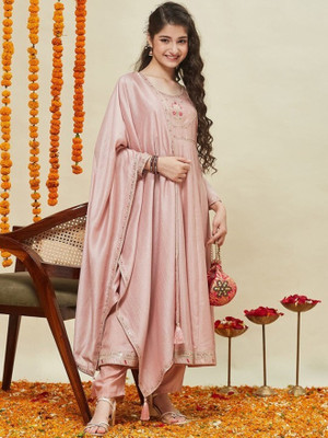 Eeloo Girls Festive & Party Kurta, Pyjama & Dupatta Set(Pink Pack of 1)