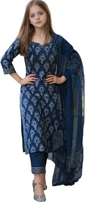 Aarya Designer Girls Casual Kurta, Pyjama & Dupatta Set(Dark Blue Pack of 1)