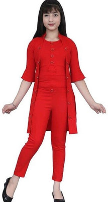 PERFECTPIVOT Girls Festive & Party Ethnic Jacket, Kurta and Dhoti Pant Set(Red Pack of 1)
