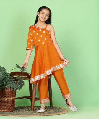 Fashion Dream Girls Festive & Party Kurta and Trouser Set(Orange Pack of 1)