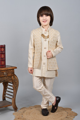 AHHAAAA Boys Festive & Party Kurta, Waistcoat and Breeches Set(Beige Pack of 1)