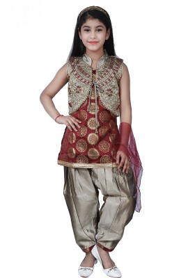 VHUF Girls Wedding Dhoti, Kurta, Waistcoat & Dupatta Set(Maroon Pack of 1)