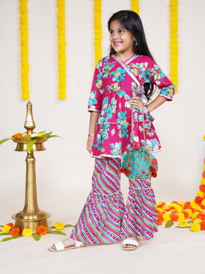 KiddoPanti Girls Festive & Party Kurta and Sharara Set(Pink Pack of 1)