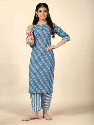 SATVASHIV Girls Festive & Party Kurta and Pyjama Set(Blue Pack of 1)