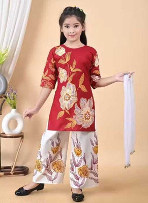 MYTEX FASHION Baby Girls Casual Kurti, Patiala and Dupatta Set(Maroon Pack of 1)
