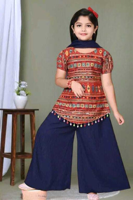 MODINA ENTERPRISE Baby Girls Festive & Party Kurta, Pyjama & Dupatta Set(Blue Pack of 1)