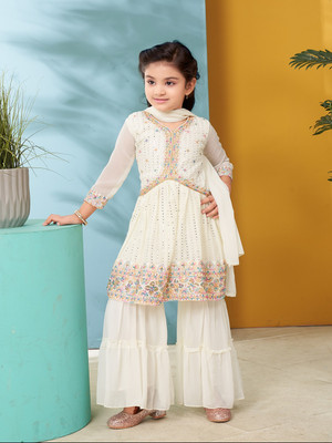 Tasrika Girls Festive & Party Kurta and Sharara Set(White Pack of 3)