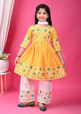 ANMOLDRESS Girls Festive & Party Kurta and Palazzo Set(Yellow Pack of 1)