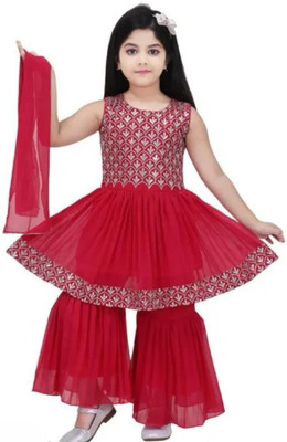 ROSE Baby Girls Festive & Party Kurta and Palazzo Set(Red Pack of 1)