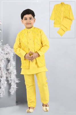 new gen Boys Wedding, Festive & Party Kurta, Waistcoat and Pyjama Set(Yellow Pack of 1)