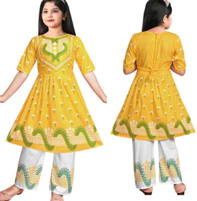 Asmartfashion Girls Festive & Party Kurta and Pyjama Set(Yellow Pack of 1)