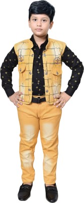 BABUSHONA Boys Casual Shirt, Waistcoat and Pant Set(Yellow Pack of 1)