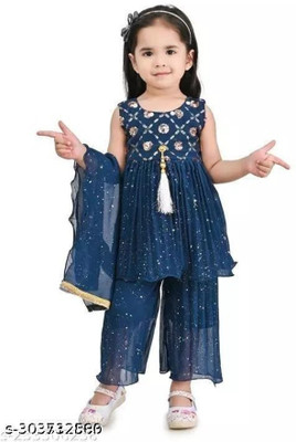 kids fashion hub Baby Girls Festive & Party Kurta and Palazzo Set(Dark Blue Pack of 1)