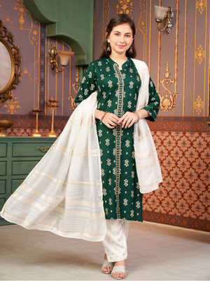 Tasrika Girls Festive & Party Kurta and Trouser Set(Green Pack of 1)