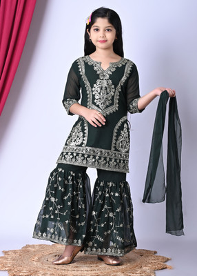 HURIYAT AKHTIARIK Girls Festive & Party Kurta, Pyjama & Dupatta Set(Dark Green Pack of 3)
