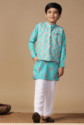 Fashion Dream Boys Wedding Kurta, Waistcoat and Pyjama Set(Blue Pack of 1)