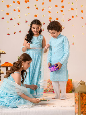 Pspeaches Boys Festive & Party Kurta, Waistcoat and Pyjama Set(Blue Pack of 1)
