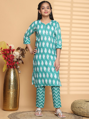 Liezen Girls Printed Tunic Kurta(Light Blue)