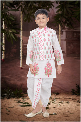 Smuktar garments Baby Boys Casual, Festive & Party, Wedding Kurta, Waistcoat and Dhoti Pant Set(White Pack of 1)