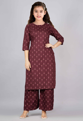 Bholukart Girls Festive & Party Kurta and Pyjama Set(Maroon Pack of 1)