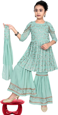 CLOTH ADDA Girls Festive & Party Angarkha and Sharara Set(Blue Pack of 1)