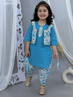 Junitos Girls Festive & Party Kurta and Dhoti Pant Set(Blue Pack of 1)