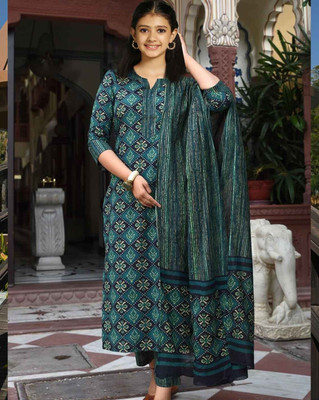 Mitukart Girls Casual Churidar and Dupatta Set(Green Pack of 3)