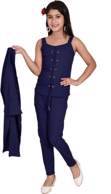 PERFECTPIVOT Girls Festive & Party Ethnic Jacket, Kurta and Palazzo Set(Dark Blue Pack of 1)