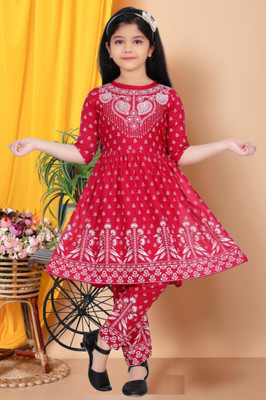 Bhimshankar Fashion Shop Girls Festive & Party Kurta and Pyjama Set(Red Pack of 1)