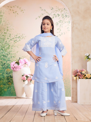 Aarika Girls Festive & Party Kurta and Palazzo Set(Light Blue Pack of 1)