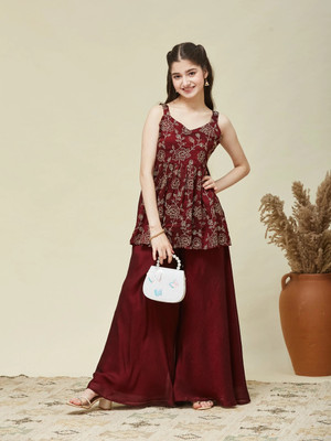 Curly Tales Girls Festive & Party Kurta and Palazzo Set(Maroon Pack of 1)
