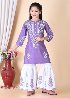 KF Kolkata Fashion Girls Festive & Party Kurta and Palazzo Set(Purple Pack of 1)