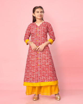 MUHURATAM Girls Printed A-line Kurta(Maroon, White)