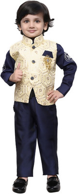 Kuwarsha Boys Festive & Party Shirt, Waistcoat and Pant Set(Blue Pack of 1)