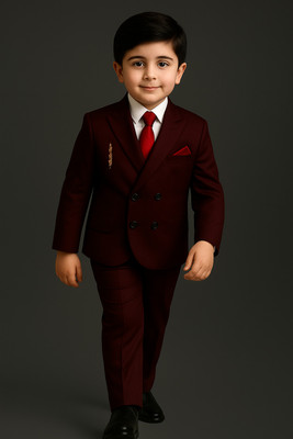 KIDSCOLLECTION Boys Festive & Party Blazer, Shirt and Trouser Set(Maroon Pack of 1)