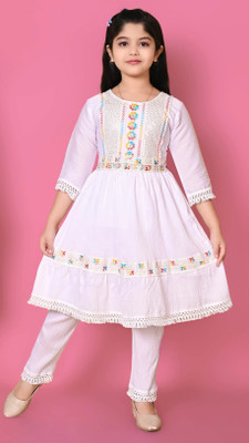 ZAYA Girls Festive & Party Kurta and Pyjama Set(White Pack of 1)