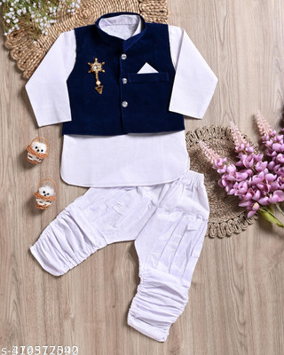 ABLaskar Baby Boys Casual Ethnic Jacket, Kurta and Dhoti Pant Set(Blue Pack of 1)