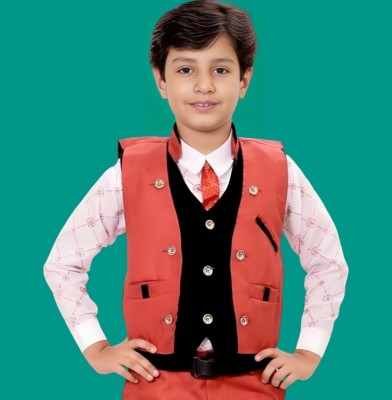 Go Berry Boys Festive & Party Shirt, Waistcoat and Pant Set(Red Pack of 1)